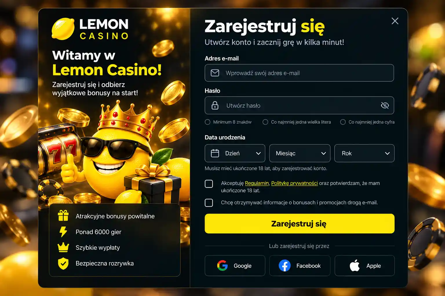 Formularz rejestracji Lemon Casino