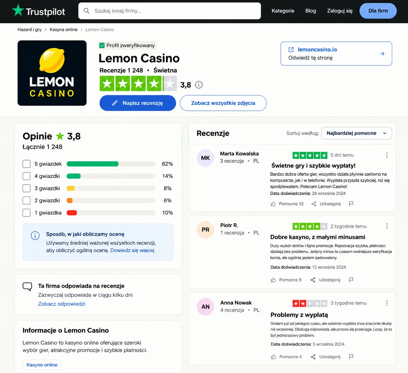 Opinie o Lemon Casino na Trustpilot